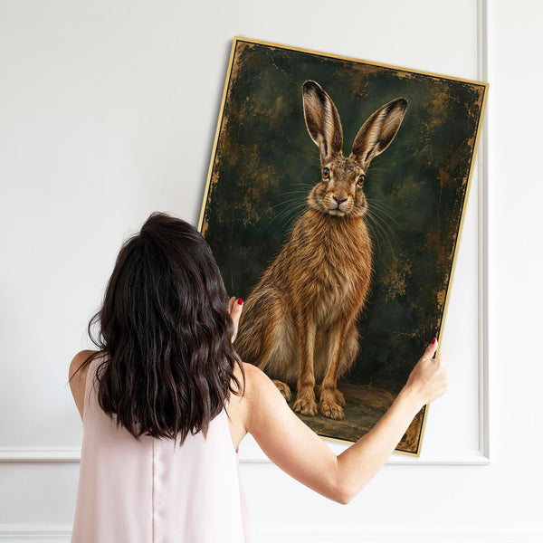 Brown Hare - Vintage Framed Emerald Green Canvas Wall Art - Mab