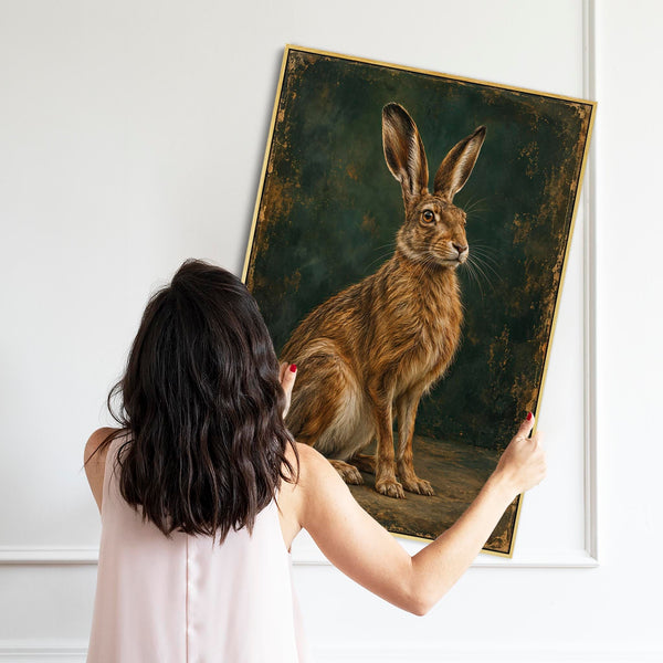 Brown Hare - Framed Emerald Green Canvas Wall Art - Bramble