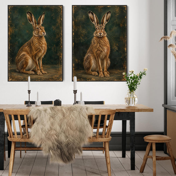 Brown Hares Framed Canvas Art Set of 2 - Waiting for Moonlight