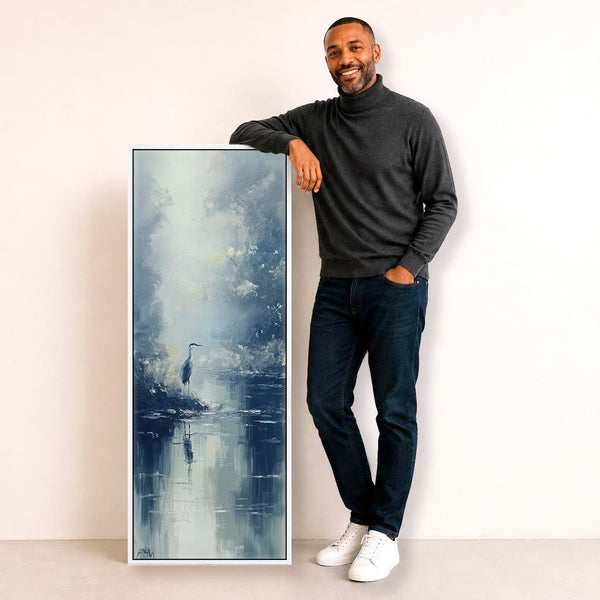 Tall Heron Bird Lake Framed Canvas Wall Art - Misty Blue Grey