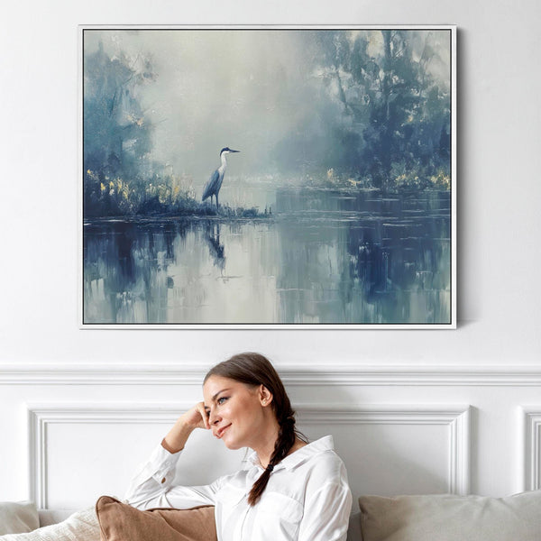 Heron Bird Misty Lake Framed Canvas Wall Art Print - Blue Grey