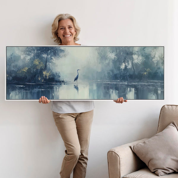 Wide Blue Grey Framed Long Canvas Art - Heron Lake - Solitude