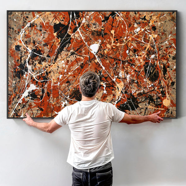 Orange Rust Cream Framed Canvas Jackson Pollock Style Abstract