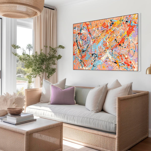 Bright Colourful Framed Canvas Art Jackson Pollock Style - Aura