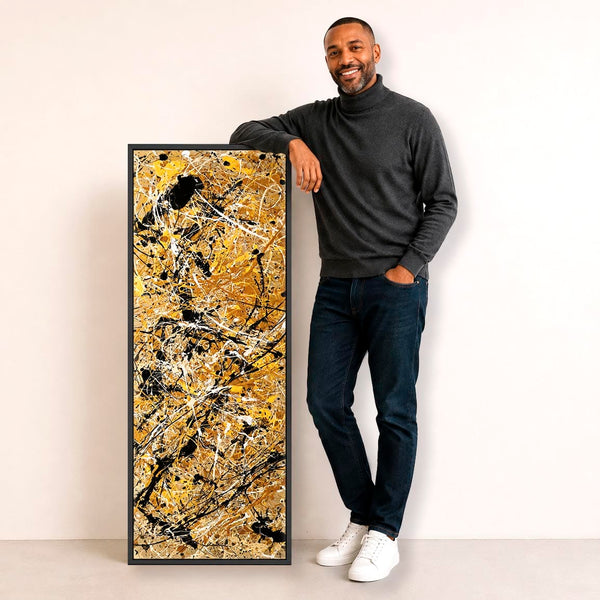 Tall Jackson Pollock Style - Vertical Framed Mustard Canvas