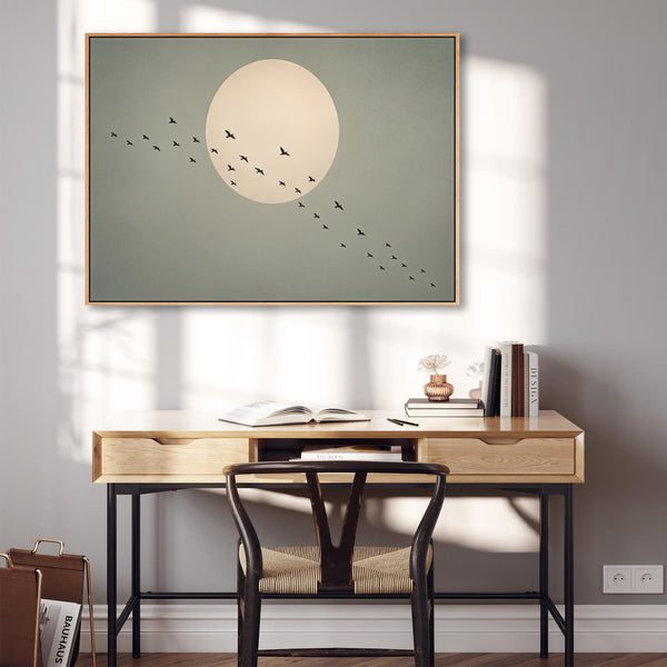 Japandi Birds Over Moon Framed Canvas - Earthy Sage Green