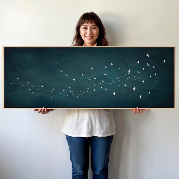 Japandi Flock Birds - Blue Canvas Artwork - Frame Included