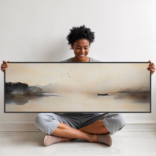 Japandi Lake - Panoramic Wide Canvas Wall Art - Framed