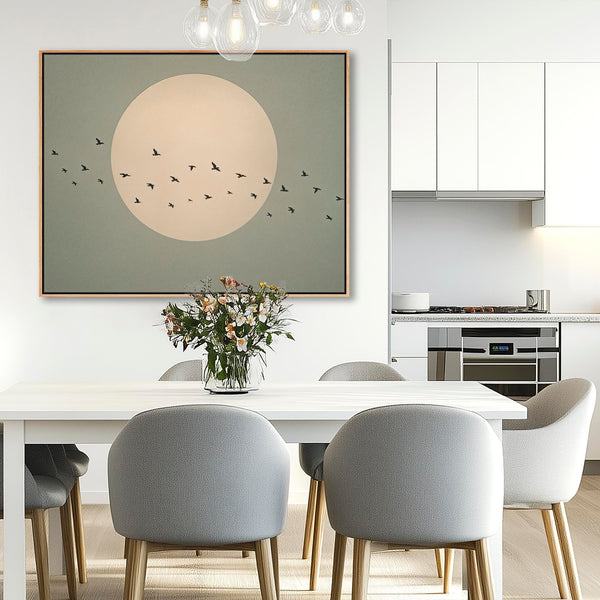 Japandi Moon - Flight Birds - Framed Canvas - Sage Green
