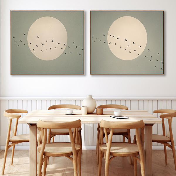 Japandi Moon - Flight Birds - Framed Canvas - Sage Green - Set of 2 Pictures