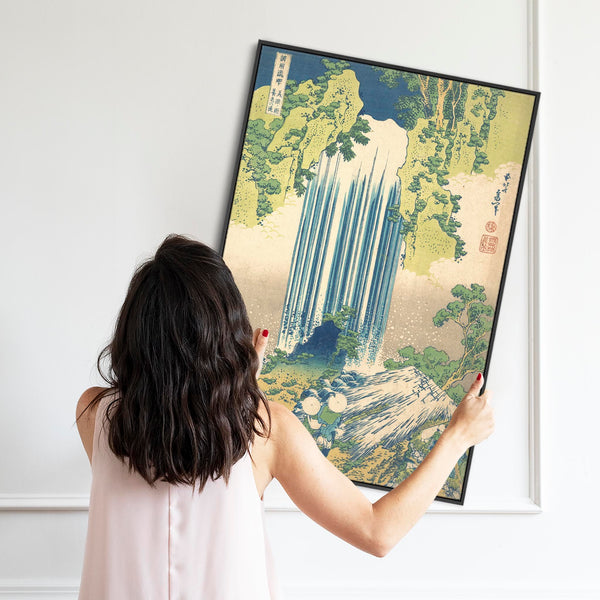 Katsushika Hokusai - Yoro Waterfall Framed Japanese Wall Art Canvas Green Blue