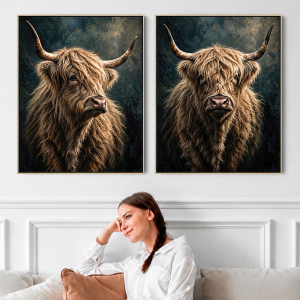 Lassies - Highland Cows - Emotive Pair Framed Artwork on Canvas