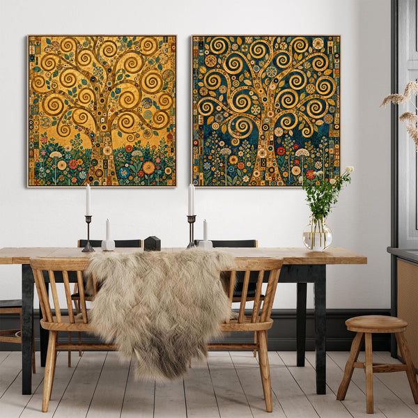 Pair Gustav Klimt inspired Framed Canvas Life Trees - Set of 2
