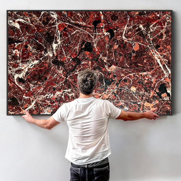 Large Framed Jackson Pollock Style Canvas Art - Maroon Splash