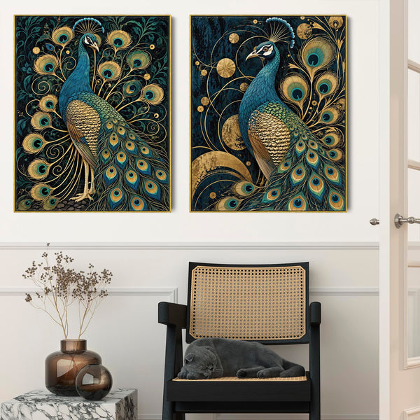Maximalist Peacock Gold Opulence - Framed Canvas Art - Set of 2