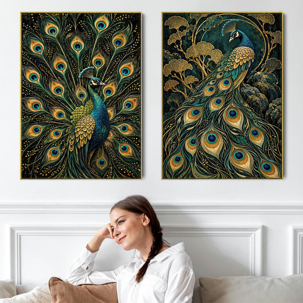 Maximalist Teal Gold Peacock - Framed Pair of Canvases Set of 2