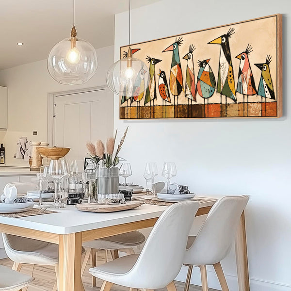 Wide Unique Colourful Framed Canvas - Modern Birds Kitchen Art