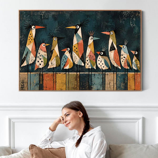 Large Unusual Colourful Framed Canvas - Modern Funky Birds Art