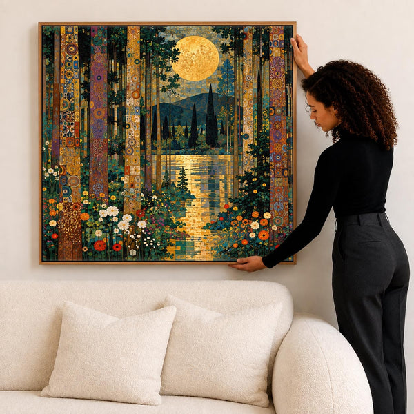 Gustav Klimt inspired Framed Canvas Art - Moonlit Forest Trees