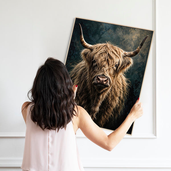 Morag - Blonde Cream Highland Cow - Teal Framed Canvas Print