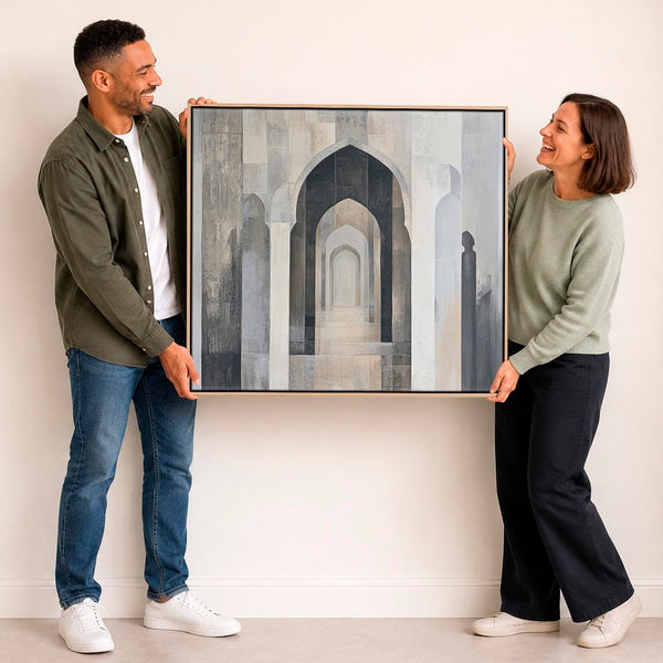 Moroccan Moorish Neutral Framed Wall Art Canvas - Granada Arch