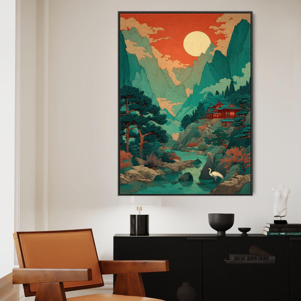 Large Japanese Style Landscape Artwork Framed Terracotta Mountain