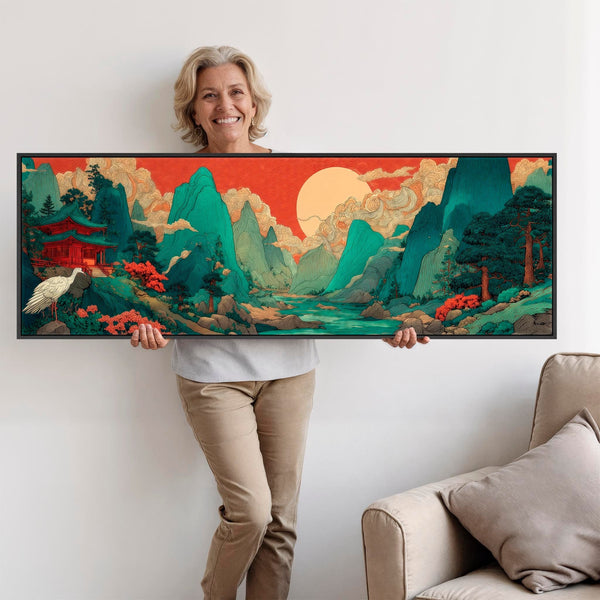 Wide Japanese Horizontal Framed Artwork - Terracotta Teal Mountain Sunrise
