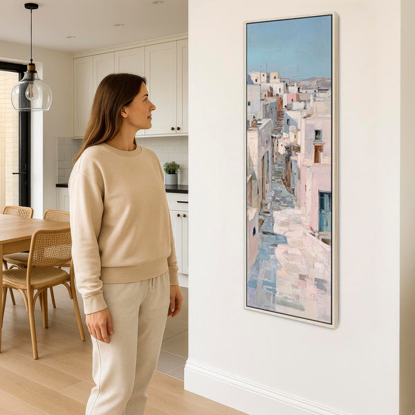 Tall Pastel Blue Cream Framed Wall Art Canvas Narrow Dusky Path