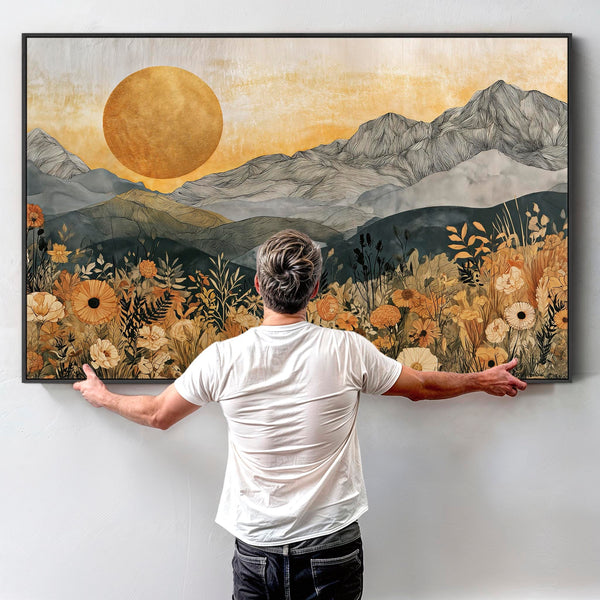 Large Boho Framed Canvas Art Ochre Abstract Landscape - Dawn