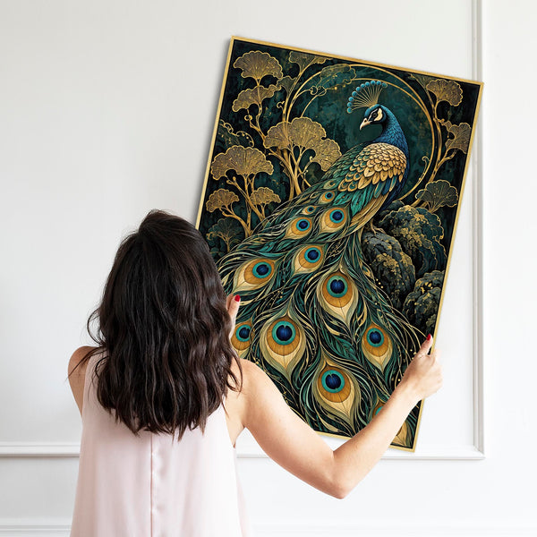 Opulence - Teal & Gold Peacock - Art Nouveau Framed Wall Canvas