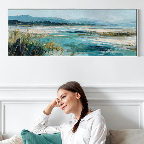 Wide Panoramic Irish Beach Landscape - Framed Teal Canvas Art