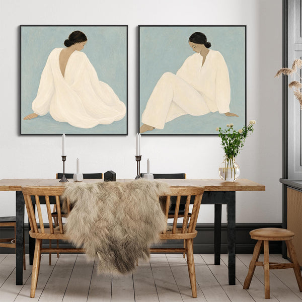 Framed Canvas Pair of Artwork - Peaceful Empowerment - White Dress - Blue - Set of 2