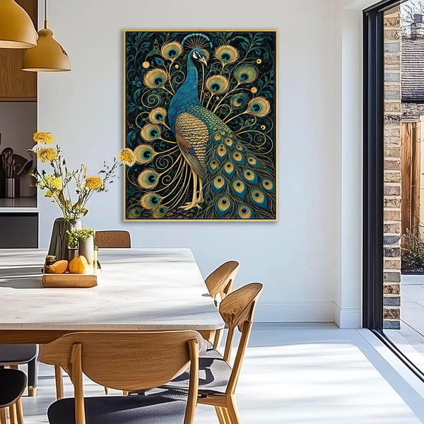 Regalia - Navy & Gold Peacock Framed Maximalist Canvas Artwork