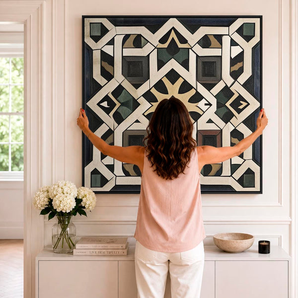 Riad Moroccan Moorish Framed Canvas Art - Black Cream Abstract