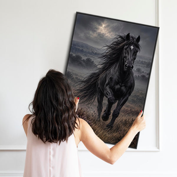 Black Running Friesian Horse Framed Canvas - Homeward Bound