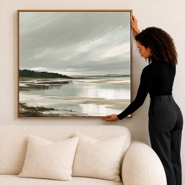 Sage Green Grey Framed Canvas Picture - Irish Coastal Landscape