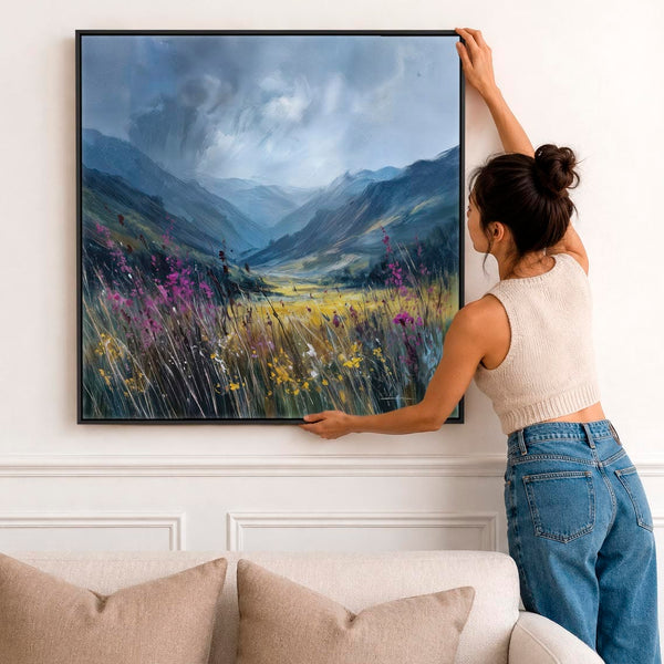Large Scottish Highland Framed Canvas Art - Wildflower Glen