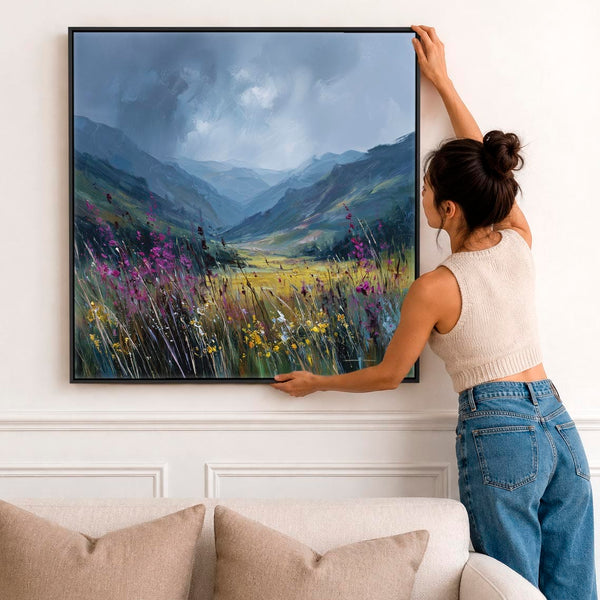 Large Scottish Highland Framed Canvas Art - Wildflower Glen