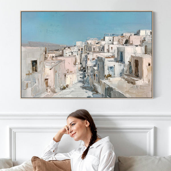 Framed Greek Island Canvas Wall Art - Soft Blue Neutral Artwork