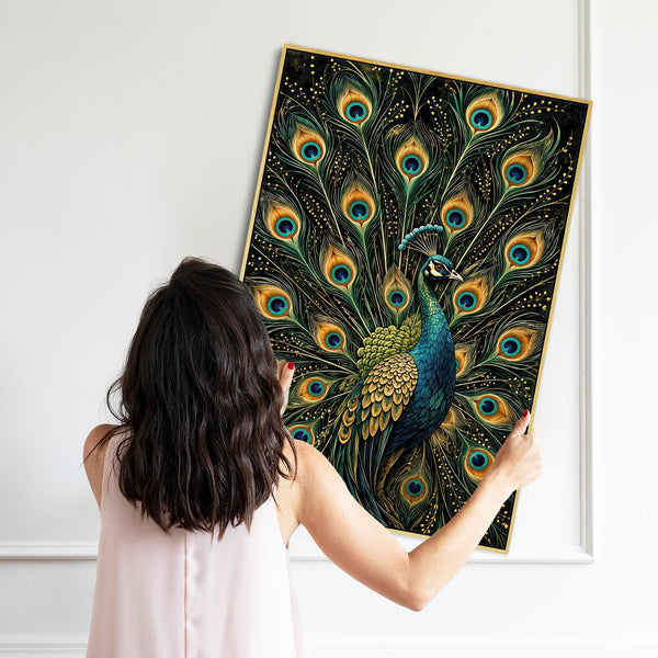 Splendid - Teal & Gold Peacock - Maximalist Framed Wall Canvas
