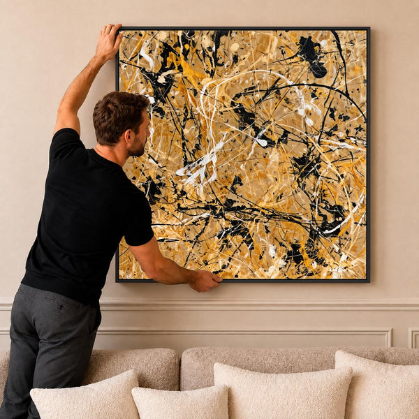 Large Square Jackson Pollock Style - Framed Mustard Wall Art
