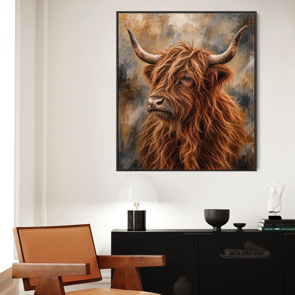Struan - Brown & Cream Highland Cow - Framed Wall Art Canvas