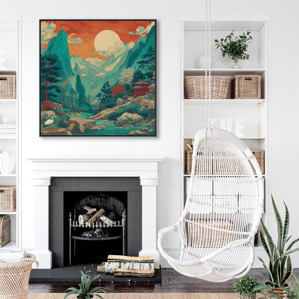Japanese Framed Canvas Artwork - Terracotta Teal Sunrise Mountain