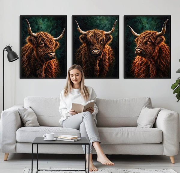 The Clan - Highland Cows - Unique Framed Canvases - Set of 3