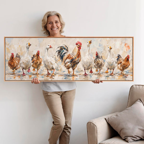 The Gossips - Wide Kitchen Wall Art Canvas - Farmyard Birds