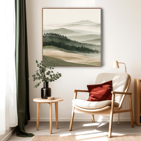 Tuscan Forest Framed Canvas Wall Art Sage Green Misty Landscape