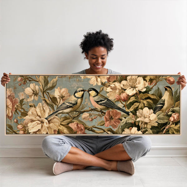 Wide Vintage Birds Flowers Framed Long Canvas Art Dawn Chorus