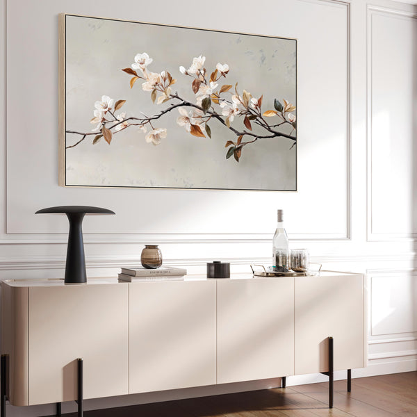 Warm Scandi Neutral Framed Blossom Wall Art for lounge - Tawny