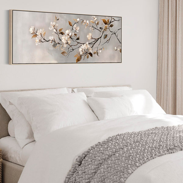Wide Warm Scandi Neutral Framed Long Bedroom Canvas over Bed