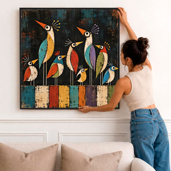 Large Colourful Unique Framed Canvas - Whimsical Birds on Wire